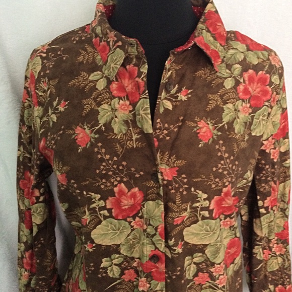 Appleseed's Red Brown Floral Print Button Shirt - Picture 2 of 8